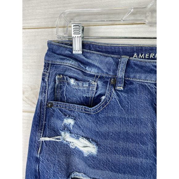 American Eagle Womens Mom Jeans 6 Dark Wash Destroyed Denim High Rise Tapered - Picture 2 of 11